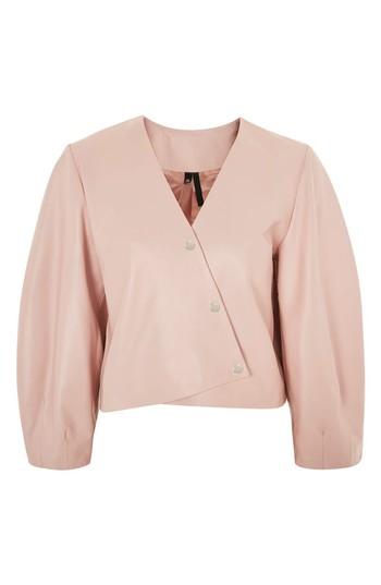 Women's Topshop By Boutique Leather Puff Sleeve Wrap Top Us (fits Like 0) - Pink