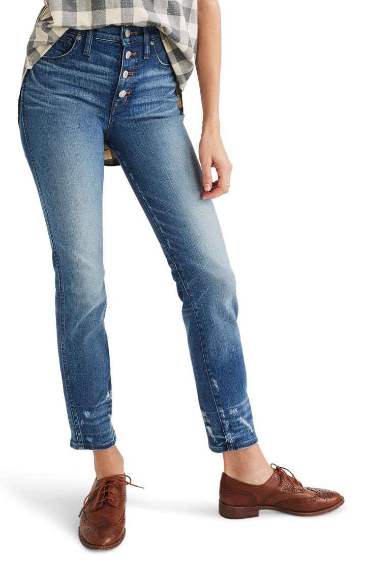 Women's Madewell Distressed Button Front High Waist Slim Straight Jeans - Blue