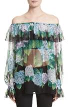 Women's Dolce & Gabbana Hydrangea Print Silk Off The Shoulder Top Us / 38 It - Green