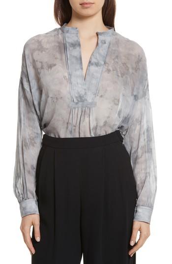 Women's Vince Watercolor Marble Print Silk Blouse - Grey