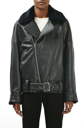 Women's Topshop Boutique Genuine Lamb Fur Collar Leather Jacket