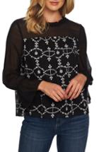 Women's Cece Mixed Media Embroidered Detail Blouse, Size - Black