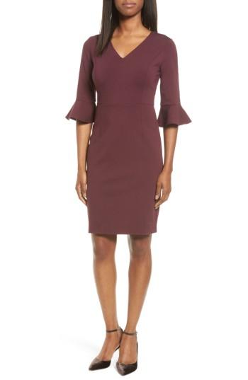 Petite Women's Halogen Ruffle Sleeve Ponte Sheath Dress P - Burgundy