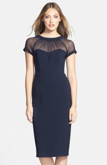 Petite Women's Maggy London Illusion Yoke Crepe Sheath Dress P - Blue