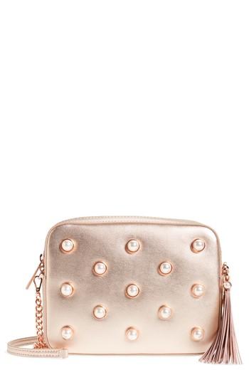 Ted Baker London Imitation Pearl Embellished Leather Crossbody - Pink