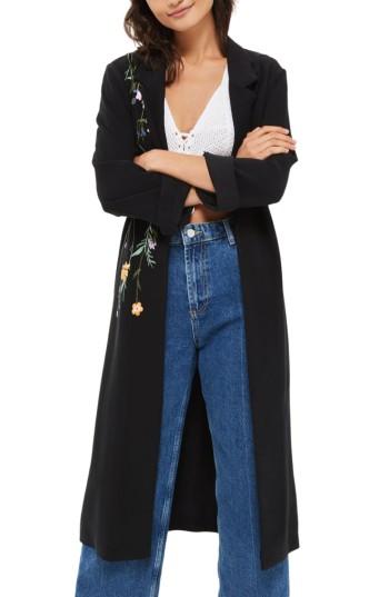 Women's Topshop Floral Embroidered Duster Coat Us (fits Like 0) - Black