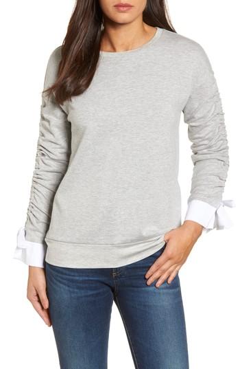 Women's Halogen Ruched Sleeve Poplin Trim Sweatshirt, Size - Grey