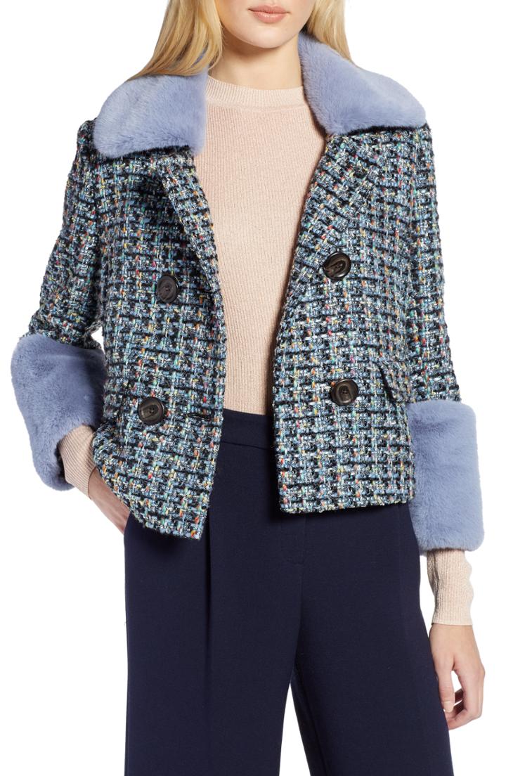 Women's Halogen X Atlantic-pacific Tweed Jacket With Removable Faux Fur Trim