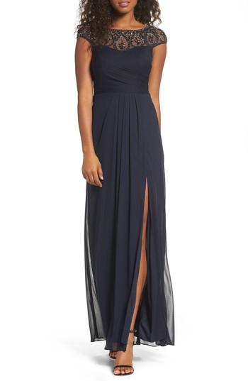 Petite Women's Xscape Beaded Mesh Gown P - Blue