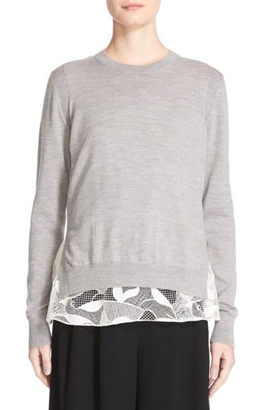 Women's Grey Jason Wu Lace Hem Merino Wool Pullover