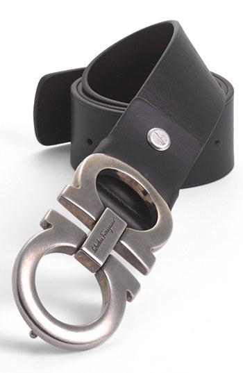 Men's Salvatore Ferragamo Calfskin Belt - Black/ Palladium