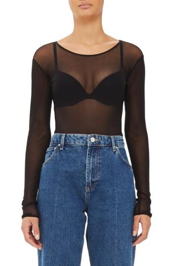 Women's Topshop Boutique Long Sleeve Mesh Bodysuit Us (fits Like 0) - Black