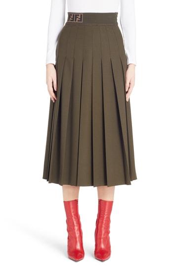Women's Fendi Logo Band Pleated Skirt Us / 40 It - Green
