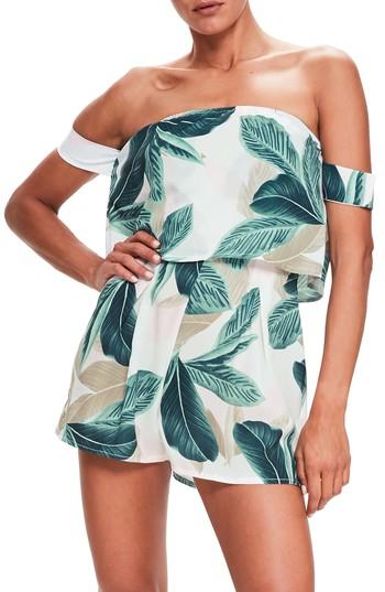 Women's Missguided Print Off The Shoulder Romper Us / 12 Uk - White