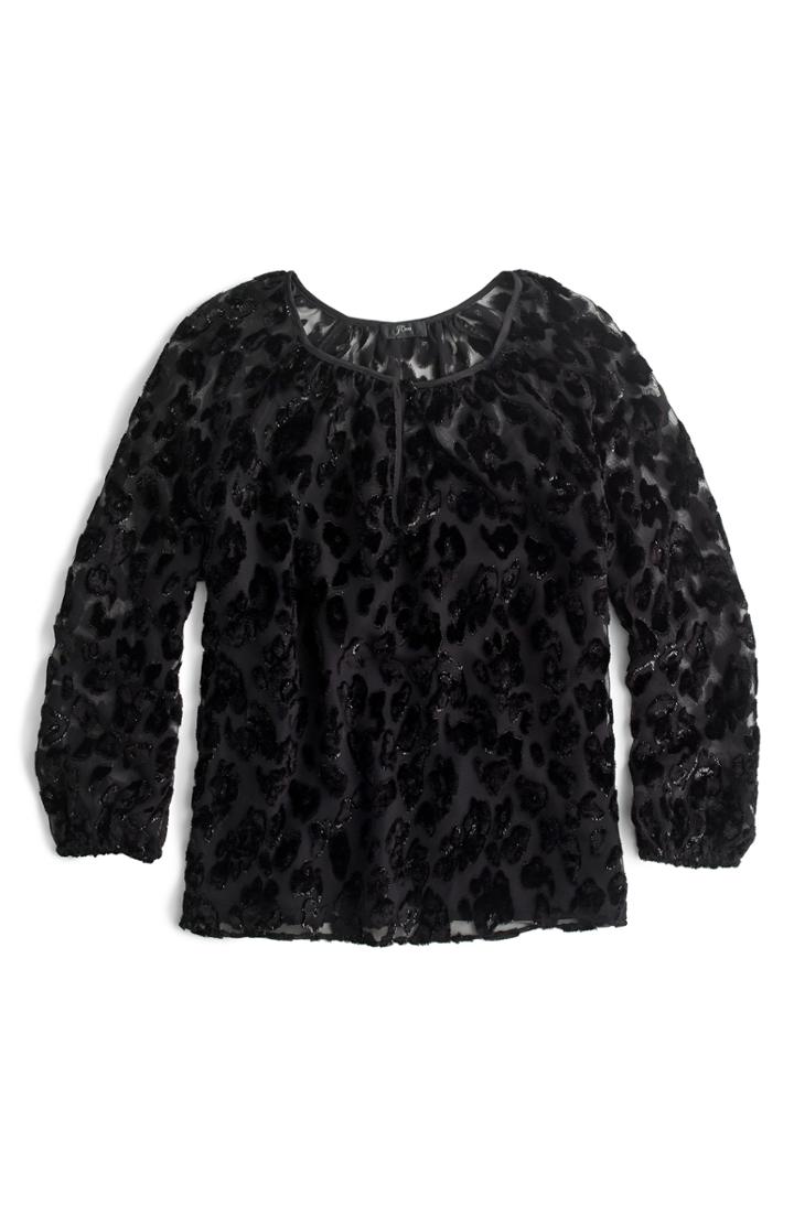 Women's J.crew Leopard Velvet Popover Top - Black