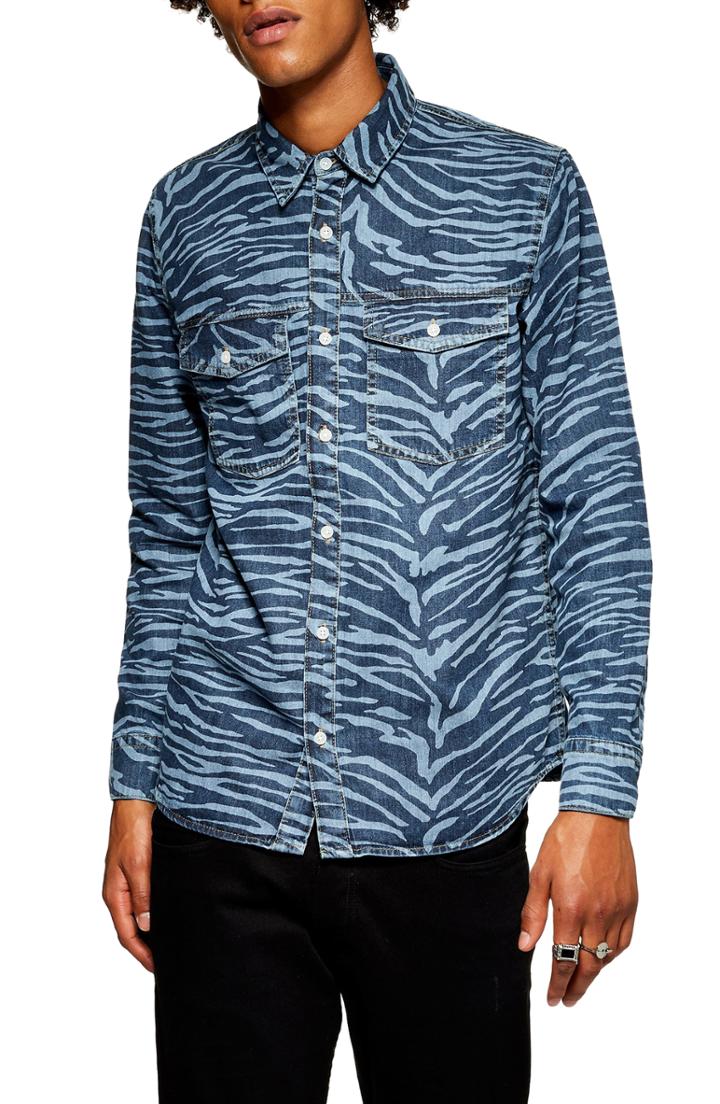 Men's Topman Tiger Stripe Print Denim Shirt - Blue