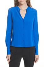 Women's Dvf Front Button Collarless Silk Blouse - Blue