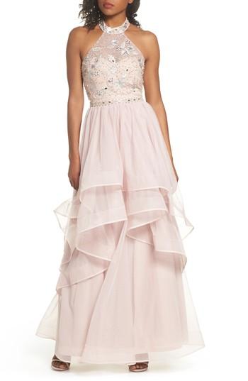 Women's Sequin Hearts Beaded Halter Neck Gown - Pink