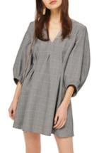 Women's Topshop Checkered Balloon Sleeve Minidress Us (fits Like 0) - Grey