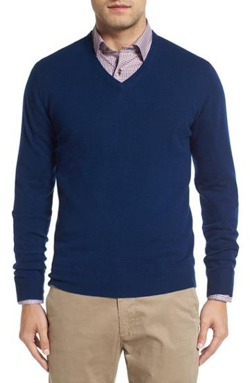 Men's David Donahue Cashmere V-neck Sweater - Blue