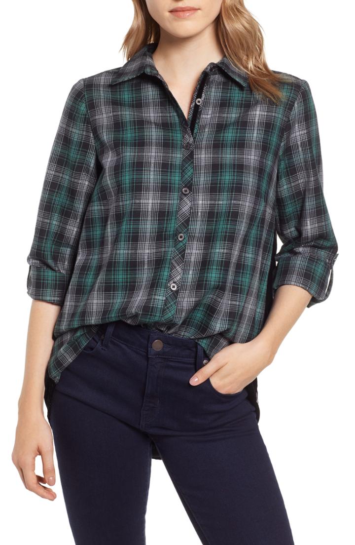 Women's Wit & Wisdom Plaid & Embroidered Velvet Shirt - Green