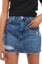 Women's Topshop Stud Rip Denim Miniskirt Us (fits Like 0) - Blue