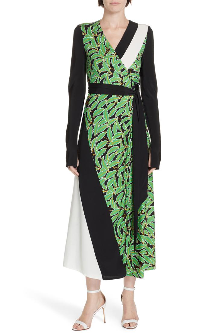 Women's Dvf Maureen Leaf Print Silk Wrap Dress - Black