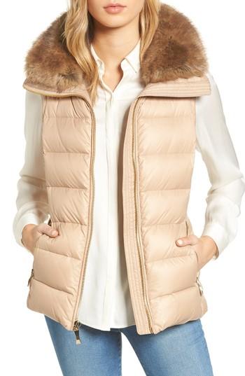 Women's Kate Spade New York Quilted Puffer Down Vest With Faux Fur Trim - Beige