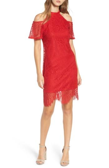 Women's Love, Fire Lace Cold Shoulder Dress - Red
