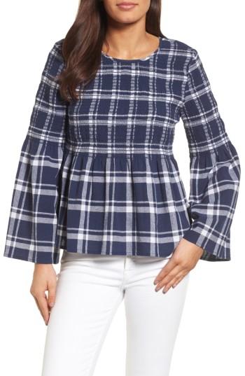 Petite Women's Caslon Plaid Smocked Peplum Top P - Blue
