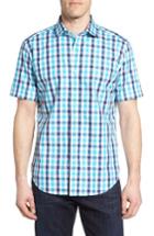 Men's Bugatchi Shaped Fit Dobby Check Sport Shirt - Blue