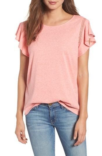 Women's Caslon Flutter Sleeve Crochet Detail Top - Coral