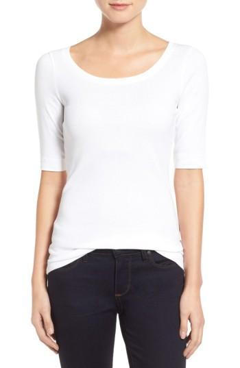 Petite Women's Caslon Ballet Neck Cotton & Modal Knit Elbow Sleeve Tee P - White