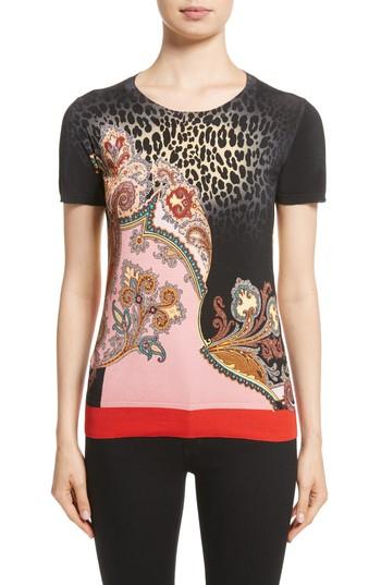 Women's Etro Leopard Paisley Print Stretch Silk Sweater Us / 38 It - Black