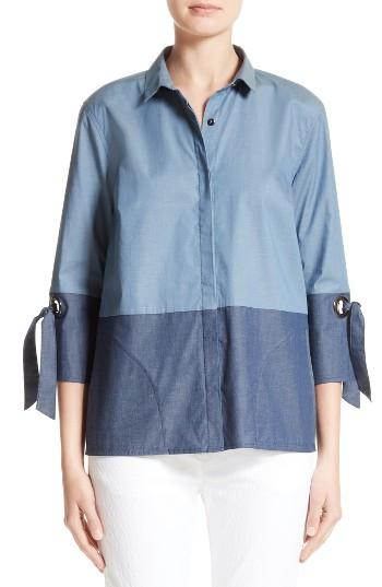 Women's St. John Collection Grommet Detail Denim Shirt, Size - Blue