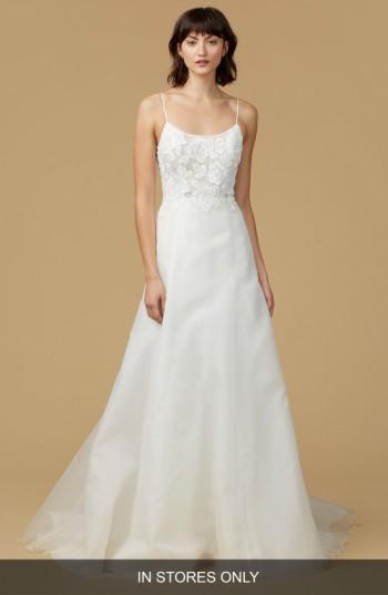 Women's Nouvelle Amsale Viv Lace Applique Silk Organza A-line Gown, Size In Store Only - Ivory