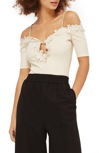 Women's Topshop Floral Applique Off The Shoulder Bodysuit Us (fits Like 0) - Ivory