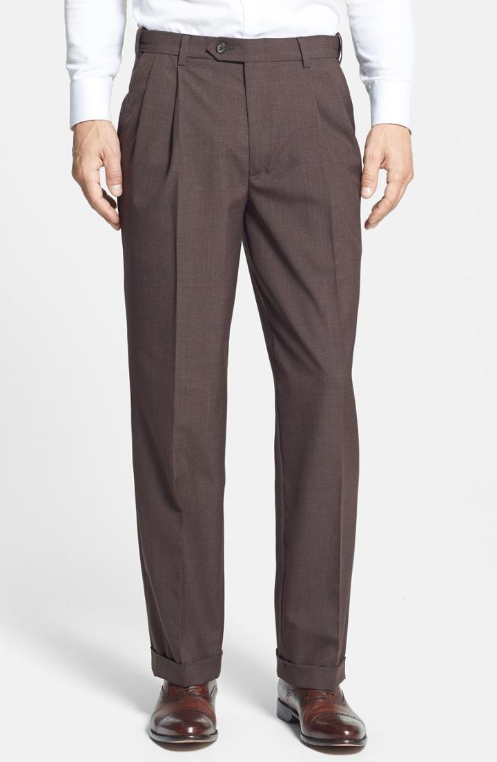 Men's Berle Self Sizer Waist Pleated Trousers X 30 - Brown