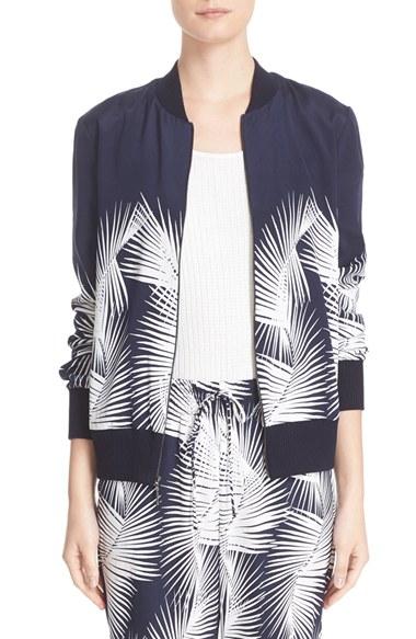Women's St. John Sport Collection Palm Print Stretch Silk Bomber Jacket