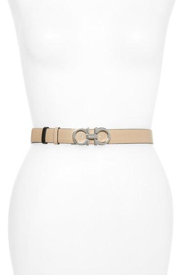 Women's Salvatore Ferragamo Double Gancio Reversible Leather Belt 0 - New Bisque/ Nero