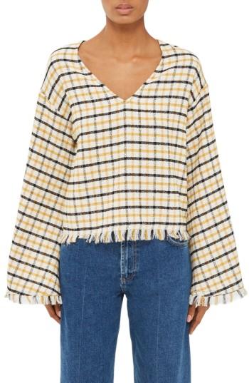 Women's Topshop Boutique Check Flared Sleeve Blouse Us (fits Like 2-4) - Ivory