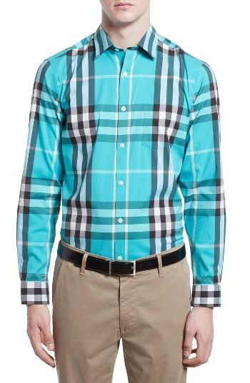 Men's Burberry Nelson Check Sport Shirt, Size - Green