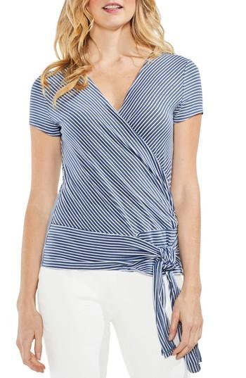 Women's Vince Camuto Faux Wrap Tie Waist Stripe Top, Size - Blue