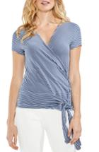 Women's Vince Camuto Faux Wrap Tie Waist Stripe Top, Size - Blue