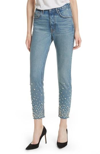 Women's Grlfrnd Karolina Faux Pearl & Crystal Embellished Rigid High Waist Skinny Jeans - Blue