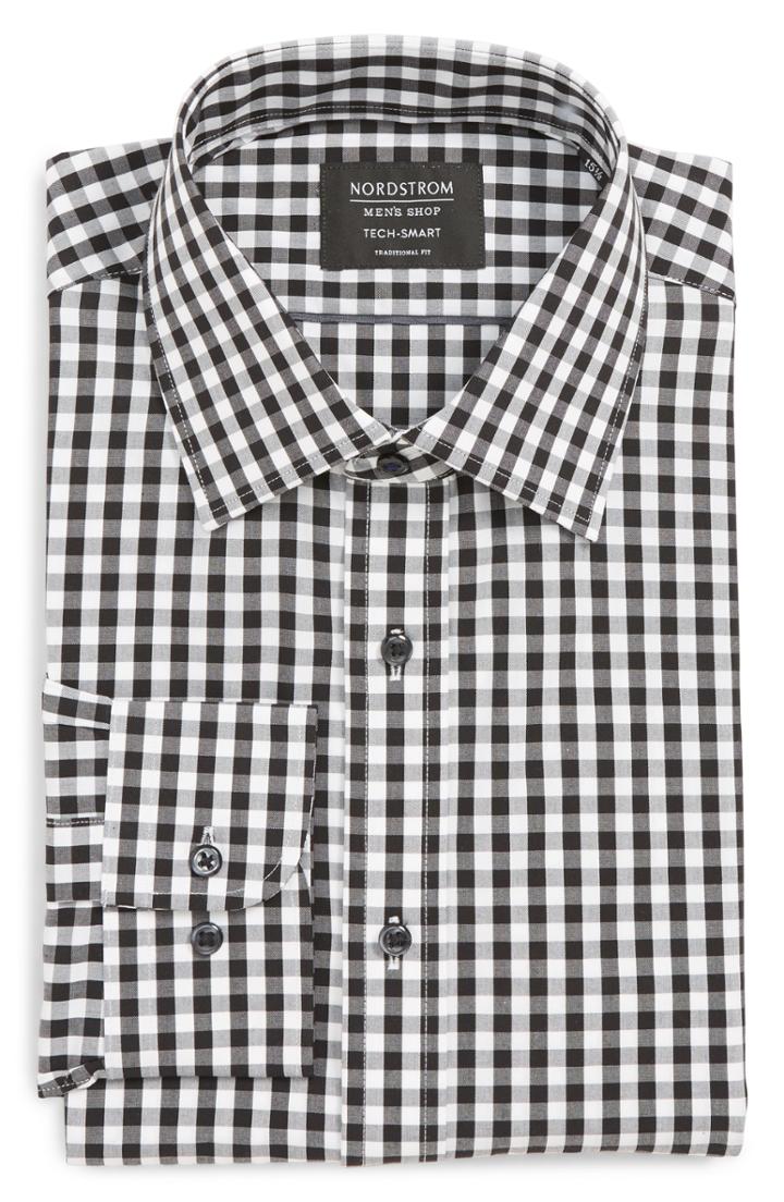 Men's Nordstrom Men's Shop Tech-smart Traditional Fit Stretch Check Dress Shirt - 32/33 - Black