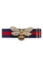 Women's Gucci Embellished Bee Clasp Web Stripe Belt