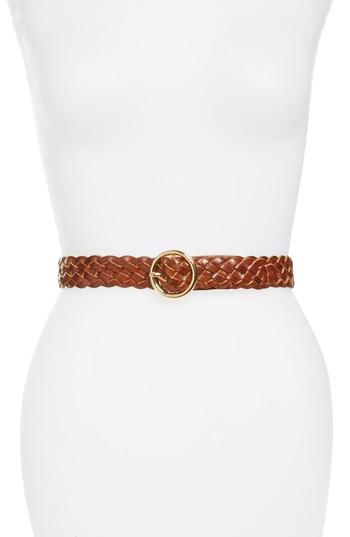 Women's Halogen Round Buckle Braided Leather Belt - Cognac