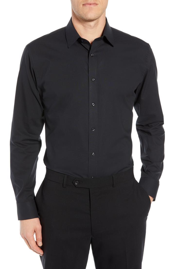 Men's Nordstrom Men's Shop Tech-smart Trim Fit Stretch Pinpoint Dress Shirt - 32/33 - Black