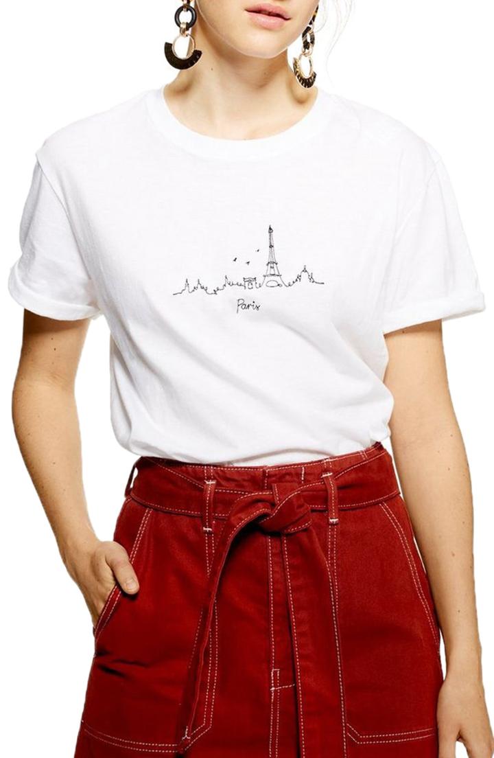 Petite Women's Topshop Paris Skyline Embroidered Tee - White